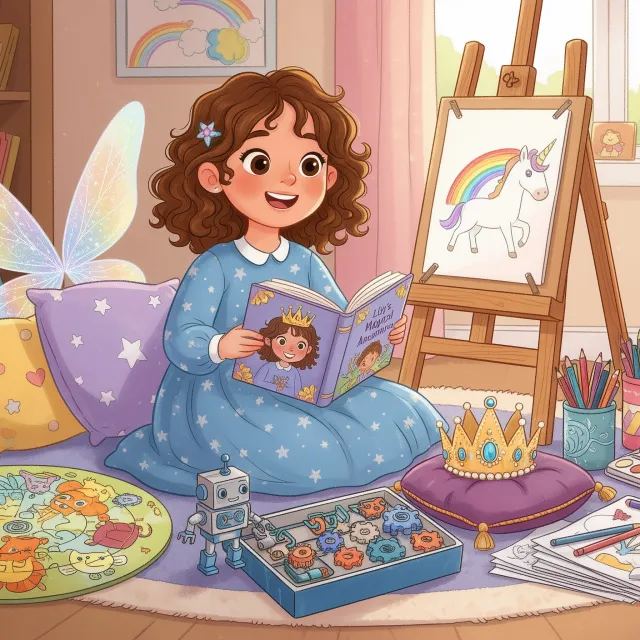 A five-year-old girl surrounded by different types of age-appropriate gifts.