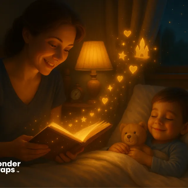 A mother reads a glowing bedtime story to her child, who smiles and cuddles a teddy bear under the night sky.