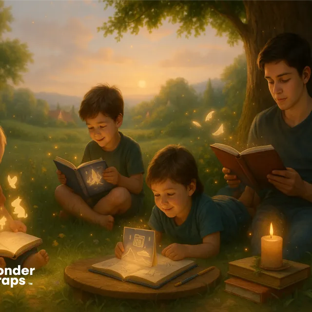 Children sitting outdoors under a tree at sunset, reading glowing magical books that bring their stories to life, symbolizing imagination and personalized storytelling.