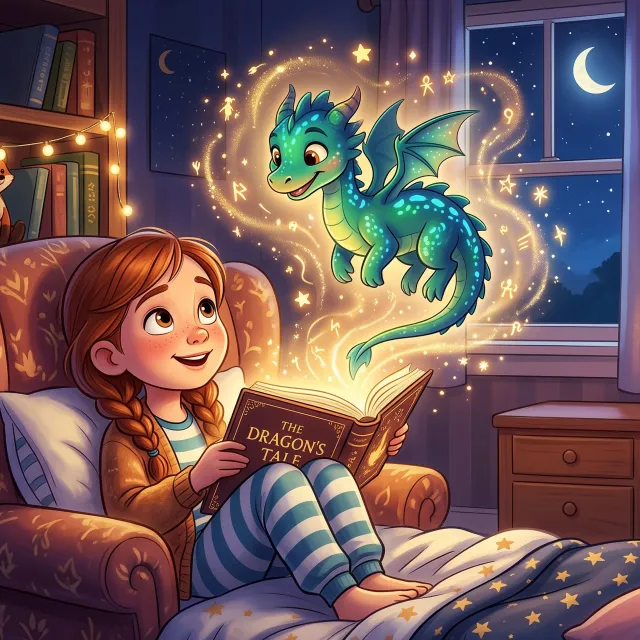 Young girl reading in bed as a glowing blue dragon rises from her book in a cozy moonlit bedroom.