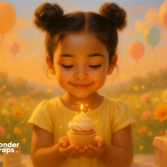 A young girl holds a glowing cupcake with a lit candle, smiling gently in a dreamy outdoor setting filled with balloons and flowers, capturing the magic of childhood celebration.