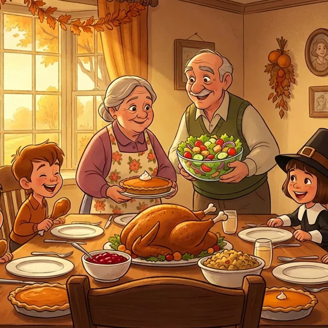 A cheerful Thanksgiving scene of grandparents serving dinner to a table of excited children in a warm, autumn-themed dining room.