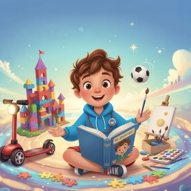 Happy young boy reading a personalized book, surrounded by toys and art supplies in a colorful play scene.
