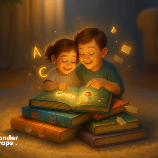 Two smiling siblings sit on the floor reading a glowing personalized storybook together, surrounded by stacked colorful books.