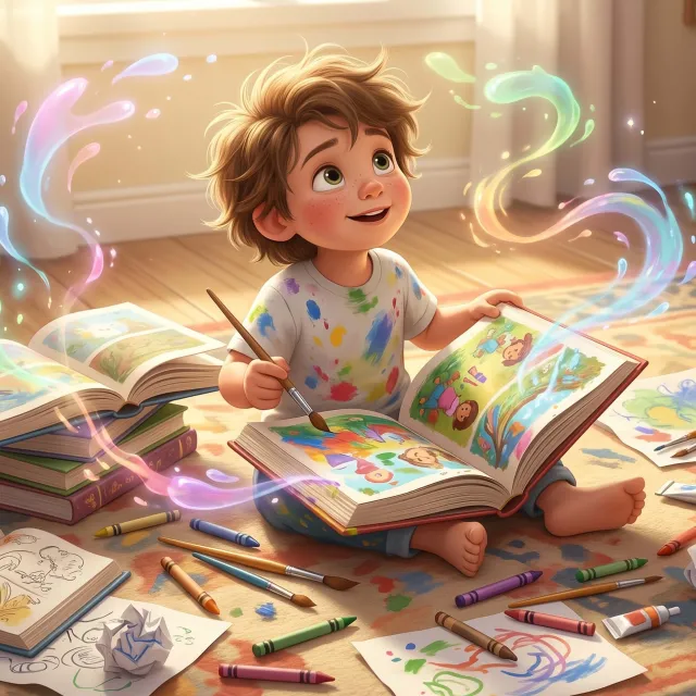 Smiling child painting in an open book, surrounded by crayons and glowing swirls of color.