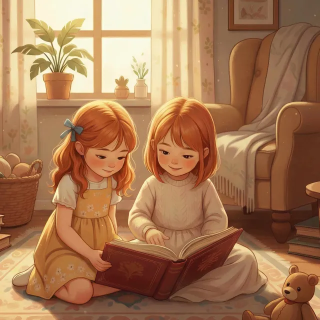 Two young girls sit on a cozy rug in a sunlit living room, reading a large storybook together, surrounded by plants, books, and soft furnishings that create a warm, peaceful atmosphere.