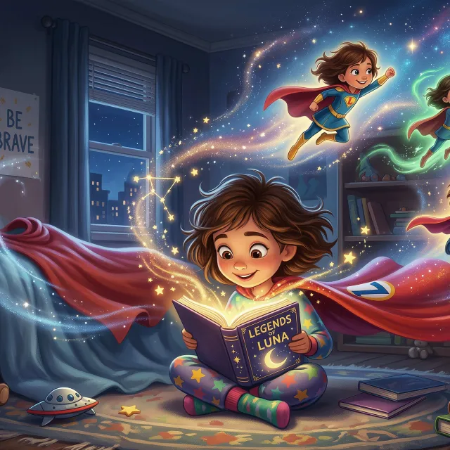 Child in a superhero cape reads in a bedroom as magical scenes swirl from the book.