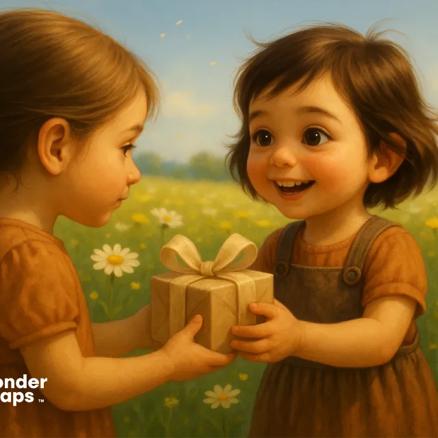 Two young children stand in a sunny meadow, smiling as one gives the other a small wrapped gift.