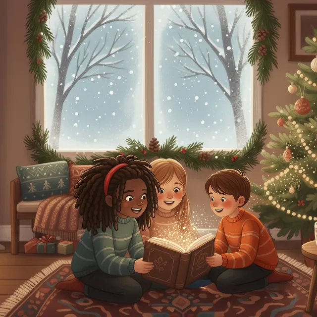 Three children reading a book together by a Christmas tree in a cozy, winter-themed living room.