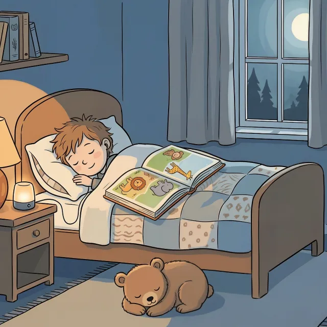 A child sleeps in bed with an open picture book, a teddy bear on the floor, and moonlight through the window.
