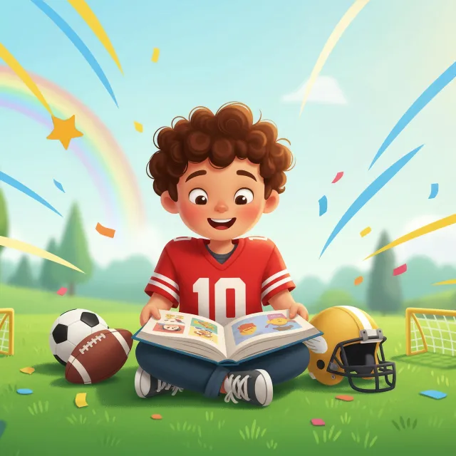 A happy child in a sports jersey reading a book on a field, surrounded by sports gear and bright, playful colors.