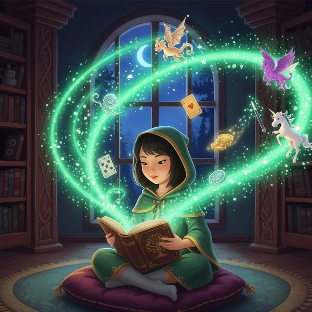 A child reading a glowing fantasy book with enchanted creatures, stars, and swirling sparkles emerging from the pages.