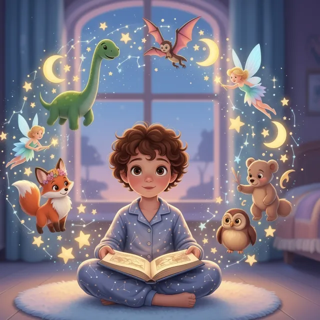 Child reading a bedtime book as magical characters and stars float around them.