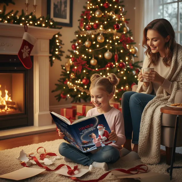 A smiling girl sits by a Christmas tree reading a personalized holiday book while her mother watches warmly beside the fireplace, surrounded by lights, gifts, and cozy decorations.