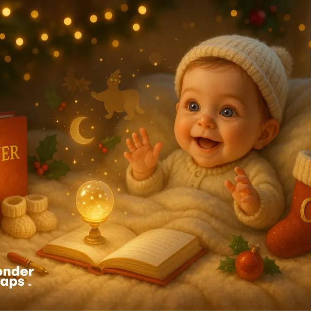 Smiling baby in cozy winter clothes watches a glowing storybook beside Christmas decorations.