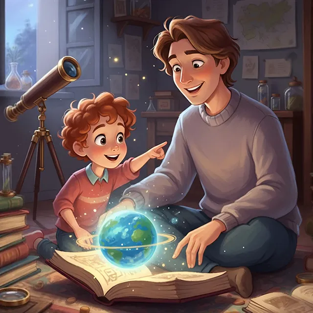 A father and young son sit together surrounded by books, smiling as they look at a glowing globe emerging from an open book, symbolizing curiosity and learning.