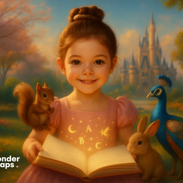 A smiling girl in a pink dress reads a glowing book surrounded by a squirrel, bunny, and peacock, with a castle in the background.