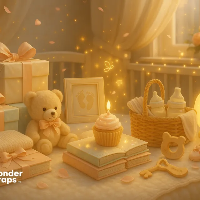 A cozy nursery scene with baby shower gifts, including a teddy bear, wrapped presents, a glowing moon lamp, and a cupcake surrounded by soft golden light.