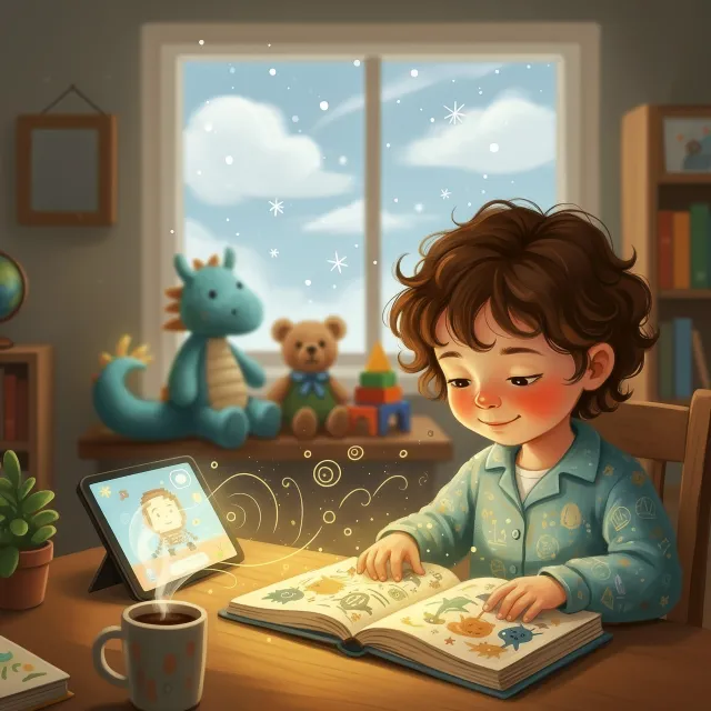 A calm, relatable scene of a child sitting at a table with a book or small task in front of them.