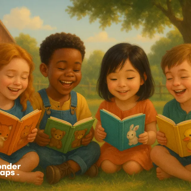 Four happy children sit on the grass reading colorful animal-themed books together outdoors.
