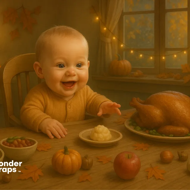 Happy baby sits at a festive Thanksgiving table reaching for food beside pumpkins and a roasted turkey.