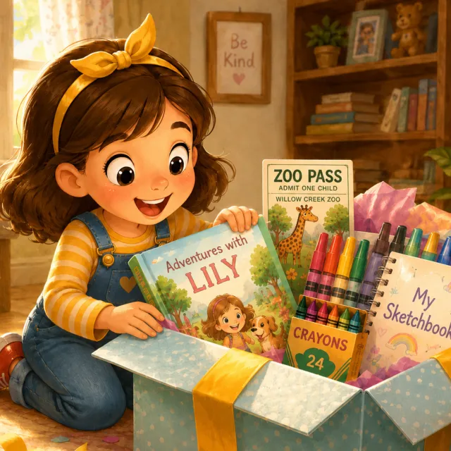 Smiling young girl opening a gift box filled with books, crayons, and art supplies in a cozy bedroom.