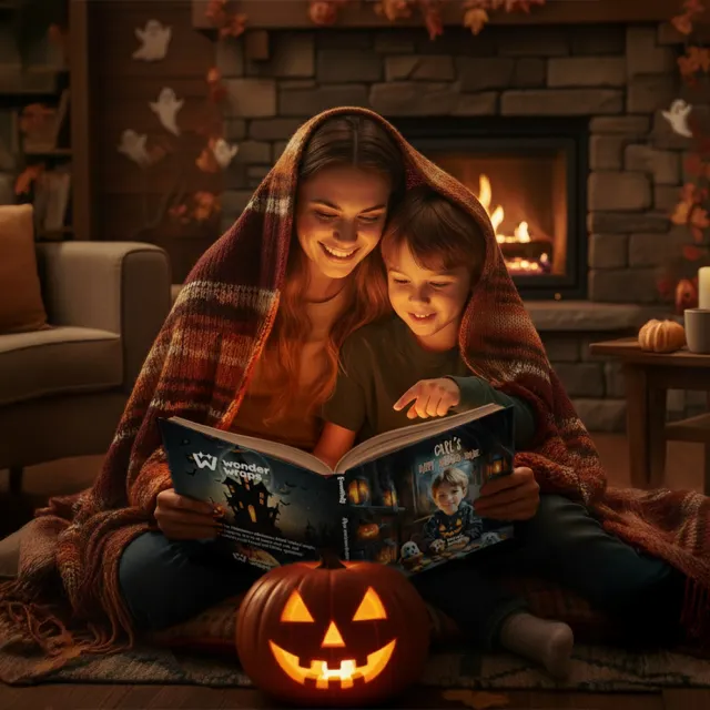 Mother and son read a WonderWraps Halloween book by the fireplace, wrapped in a blanket with a glowing jack-o’-lantern and cozy autumn decor around them.