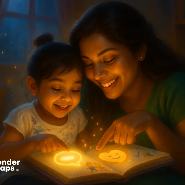 A mother and daughter smile as they read a glowing storybook together at bedtime.