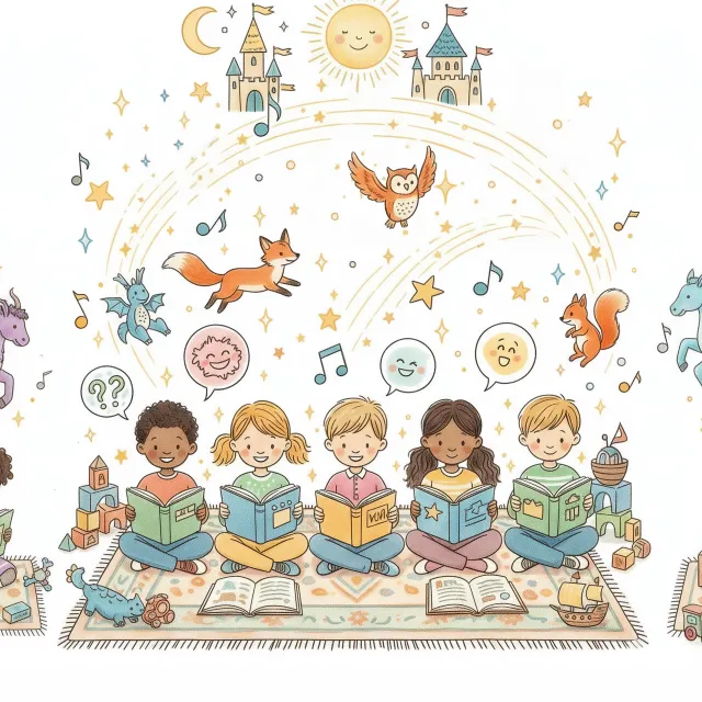 A group of children reading together, surrounded by magical creatures and imaginative scenes.