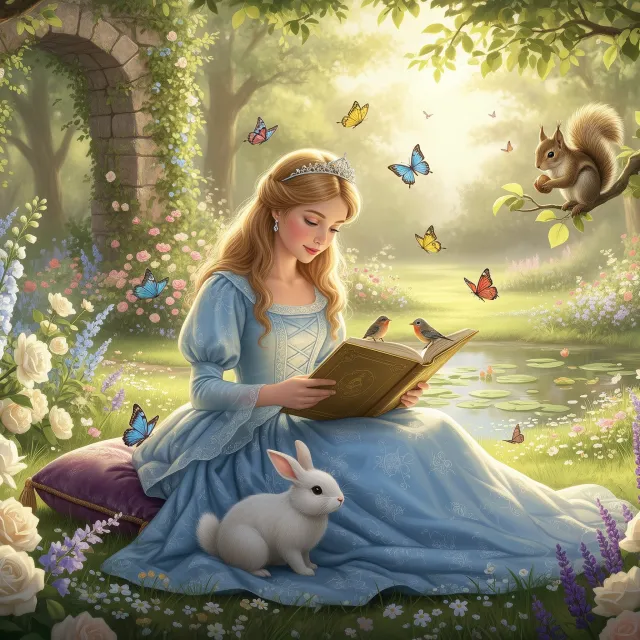 A princess in a blue gown reads a book in a flower-filled garden, surrounded by butterflies, birds, a rabbit, and a squirrel.
