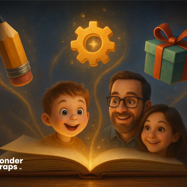 A child and parents smile in awe as magical icons—a pencil, gear, and gift—emerge glowing from an open book.