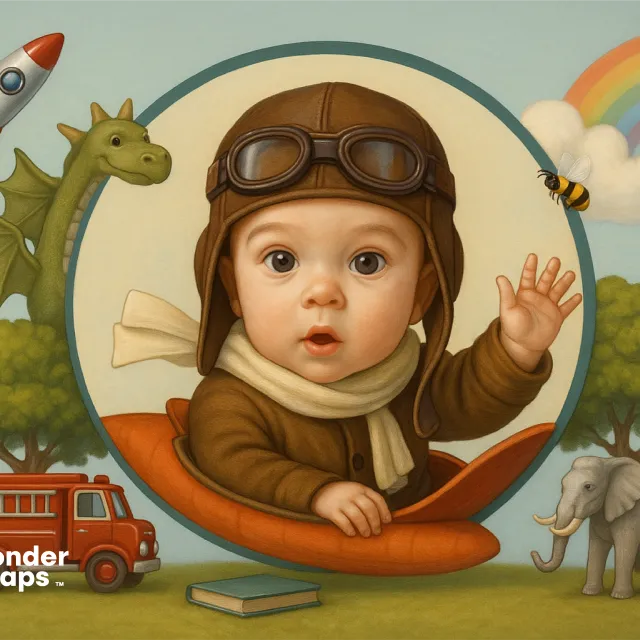 A baby dressed as a pilot waves from a toy plane, surrounded by a dragon, rocket, rainbow, and animals.