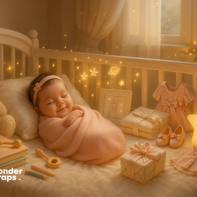 A peacefully sleeping baby girl wrapped in a pink blanket rests in a softly lit crib, surrounded by glowing stars, plush toys, and delicate baby gifts.