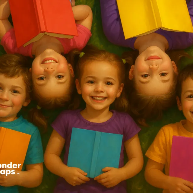 Five happy children lie on the grass holding colorful books, smiling and looking up at the camera.