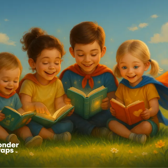 Four happy children wearing capes sit on grass reading books together in sunlight.
